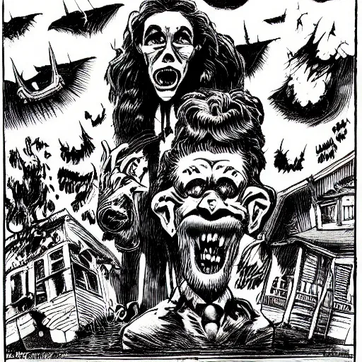 Image similar to a Pop Wonder scary horror themed goofy-hilarious-character r-Crumb, dime-store-comic drawn with charcoal and pen and ink, half-tone-line-stacking