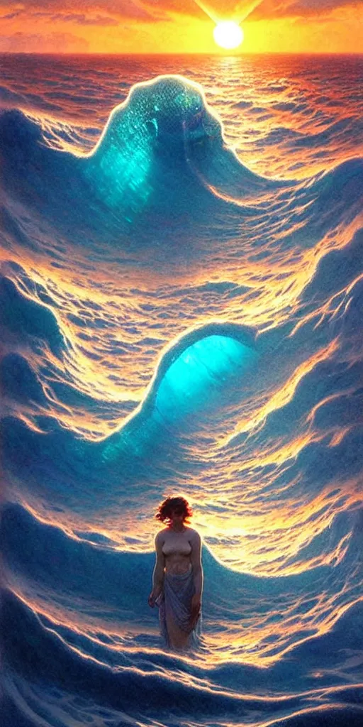 Image similar to ocean wave around ancient translucent iceberg, lsd water, dmt ripples, backlit, sunset, refracted lighting, art by collier, albert aublet, krenz cushart, artem demura, alphonse mucha