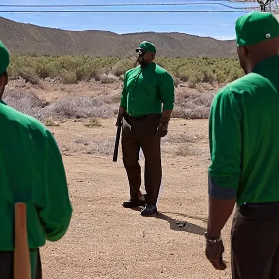 Image similar to Still of Big Smoke with green clothing with a baseball bat in Better Call Saul