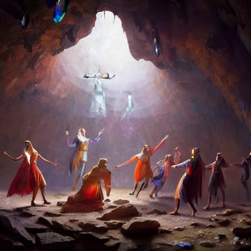 Prompt: medieval people dancing in a cave, there are colorful crystals on the ceiling and on the ground, by greg rutkowski, in the style of magic the gathering, 4k, very detailed