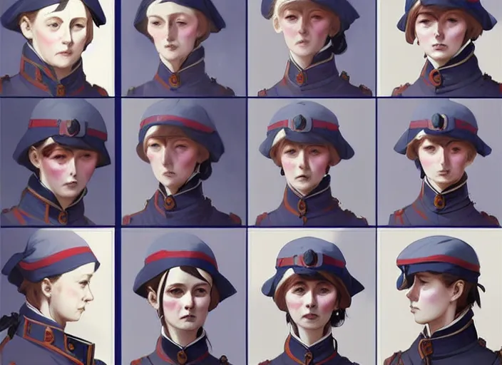 Prompt: 1 8 5 5 british crimean war nurse, character face study, multiple angles, directions and moods. faces only, concept art finely detailed perfect art, painted by greg rutkowski makoto shinkai takashi takeuchi studio ghibli, pinterest, cevagraf comics