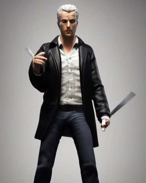 Image similar to full body 3d render of John Constantine as a funko pop, studio lighting, white background, blender, trending on artstation, 8k, highly detailed