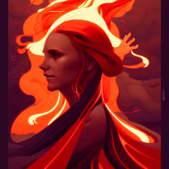 Prompt: style artgerm, joshua middleton, peter mohrbacher, beautiful kristen bell with dark red dress, very long orange hair, symmetrical face, symmetrical eyes, fire powers fire swirling, detailed, volcano setting, cinematic lighting