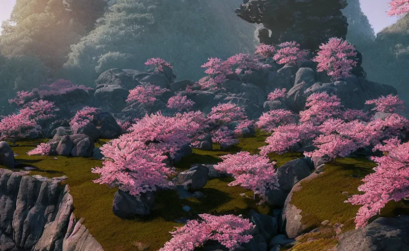 Image similar to cherry blossoms in the rocky hills, Low level, rendered by Beeple, Makoto Shinkai, syd meade, simon stålenhag, synthwave style, digital art, unreal engine, WLOP, trending on artstation, 4K UHD image, octane render,