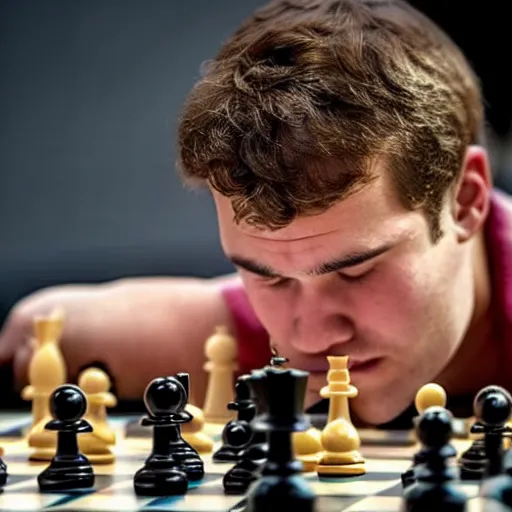 Prompt: close up photograph of the king piece of a chess board. he is magnus carlsen!