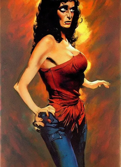 Image similar to seventies horror actress, sequin top, dark night, strong line, deep color, beautiful! coherent! by brom, by frank frazetta,