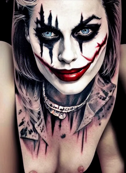 Image similar to tattoo design of margot robbie with joker makeup, ace card, realistic face, black and white, realism tattoo, hyper realistic, highly detailed