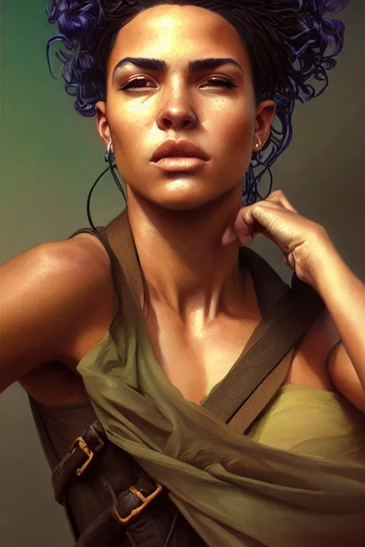 Image similar to photorealistic portrait of a young butch solarpunk cuban woman, handsome, female, masculine, upper body, fantasy, fierce, sharp features, intricate, elegant, highly detailed, digital painting, artstation, concept art, matte, sharp focus, illustration, art by artgerm and greg rutkowski and alphonse mucha