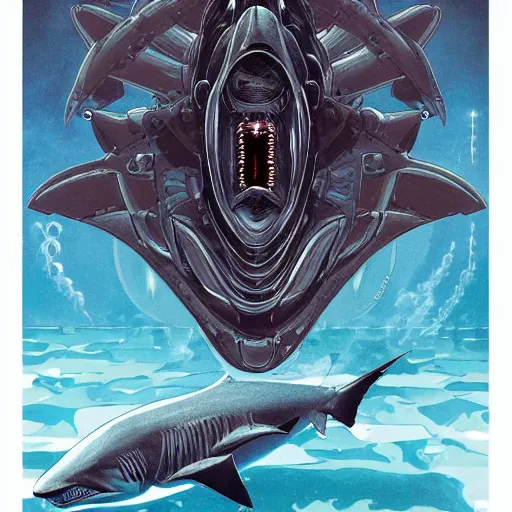 Image similar to dark robotic shark, symmetrical, by yoichi hatakenaka, masamune shirow, josan gonzales and dan mumford, ayami kojima, takato yamamoto, barclay shaw, karol bak, yukito kishiro