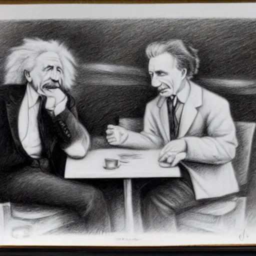 Prompt: Einstein and Tesla sitting at cafe, pencil drawing, ultra detailed