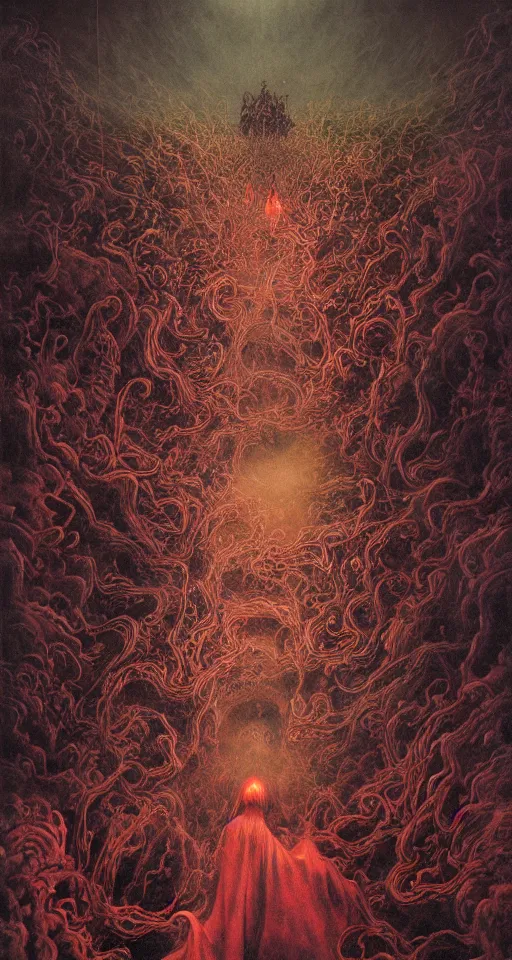 Image similar to zhongyuan festival, chinese ghost festival, king of hell, inside page of comic book, psychedelic lights and fog, in the style of zdzislaw beksinski, ayami kojima, takato yamamoto, barclay shaw, karol bak, glowing light and shadow, hyperrealist