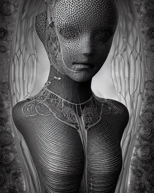 Image similar to mythical dreamy black and white organic bio-mechanical spinal ribbed profile face portrait detail of translucent steampunk beautiful female angelic-human-queen-vegetal-cyborg, highly detailed, intricate trnaslucent ivy jelly ornate, poetic, translucent roses ornate, 3D render, digital art, octane render, 8K artistic photography, photo-realistic, by Dora Maar