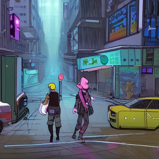 Prompt: concept art of video game about rabbit travelling through a cyberpunk city to find it's owners