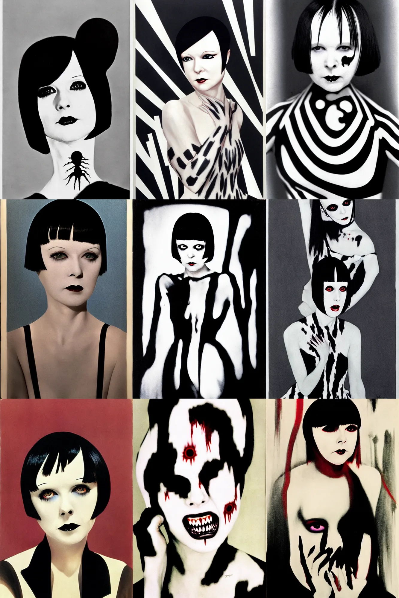 Prompt: mary louise brooks as a zombie, ross tan, op art