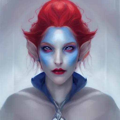 Image similar to A detailed matte oil on canvas head on symmetrical portrait of a distinguished elven woman with red and blue hair on an empty background, by Charlie bowater, Wlop, trending on artstationhd, dungeons and dragons art, parted hair , half blue, half red , split dye, critical role