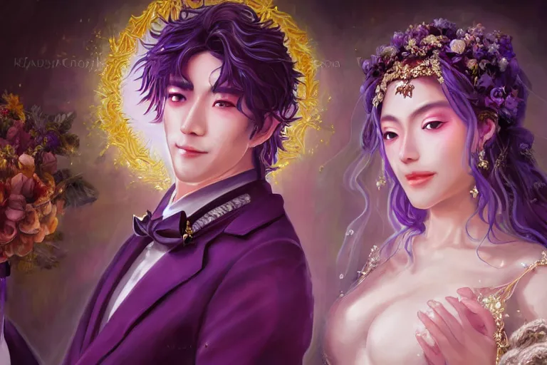 Image similar to a cinematic portrait of wedding photograph jpeg close up moment of a divine a japan sun god and moon goddess lovers magician at a wedding banquet. portraiture. digital painting. artstation. concept art. fantasy wedding photo. digital painting, 8 k realistic, hyper detailed, violet evergarden art masterpiece by art by krenz cushart