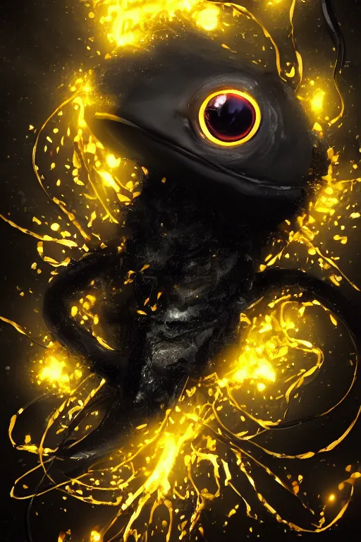 Image similar to Giant black Frog squid with golden sparks, black smoke, anime, cyberpunk, gothic, dark fantasy, art, 4k,