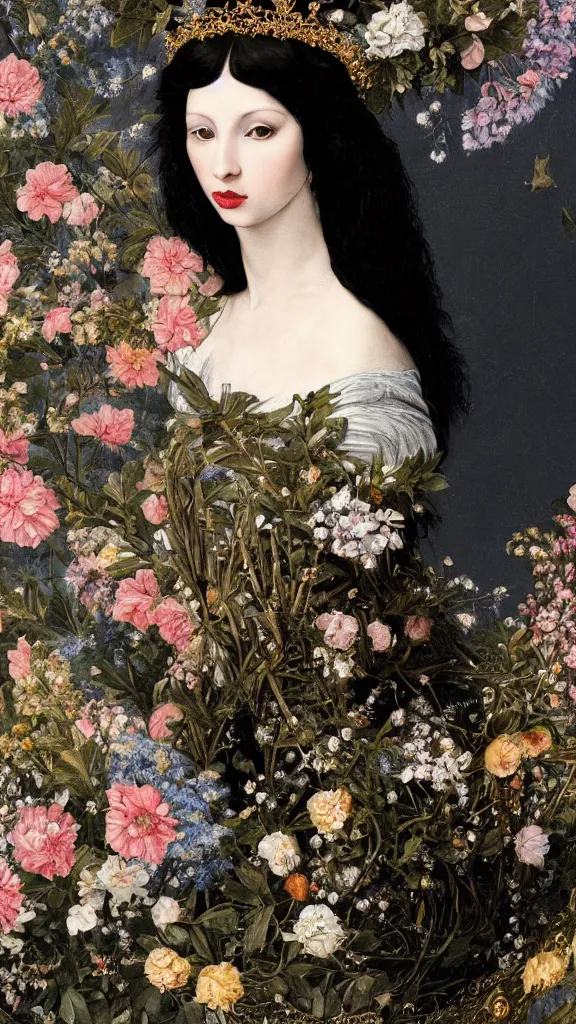 Image similar to a closeup portrait of a beautiful black haired woman with pale skin and a crown on her head sitted on an intricate metal throne, in an infinite landscape of flowers, photograph by caravaggio, canon eos c 3 0 0, ƒ 1. 8, 3 5 mm, 8 k, medium - format print