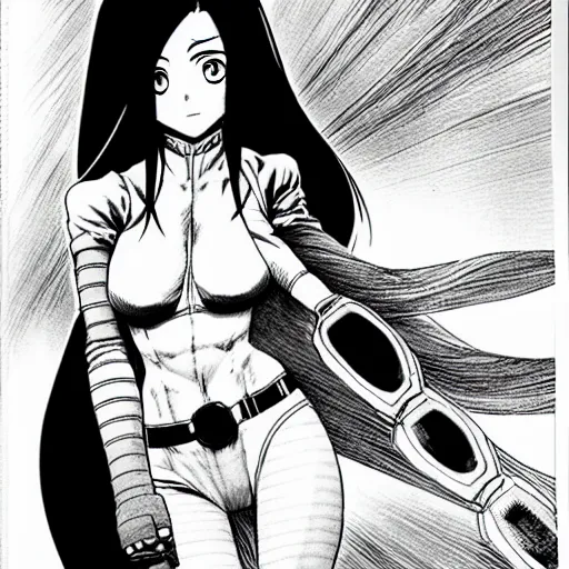 Image similar to alita by yukito kishiro. medium shot. black and white manga. pencil drawing.