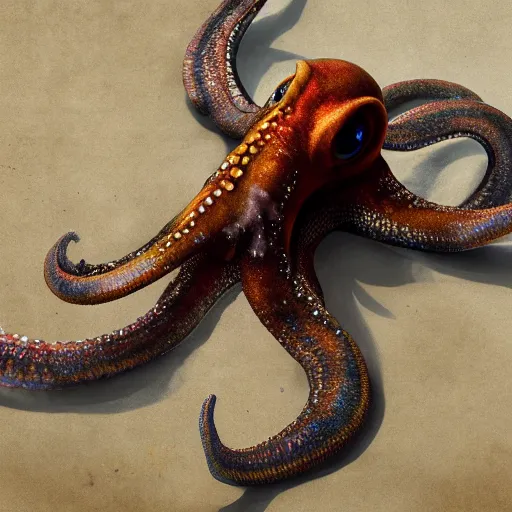 Image similar to hyperrealistic mixed media image of a cephalopod with proportional human hands, stunning 3 d render inspired art by greg rutkowski and xiang duan and thomas eakes, perfect symmetry, realistic, highly detailed attributes and atmosphere, dim volumetric cinematic lighting, 8 k octane extremely hyper - detailed render, post - processing, masterpiece,