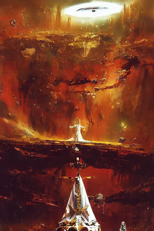 Prompt: the priestess of mars maintain our emperor's throne., by john berkey, by jakub rozalski, by john martin