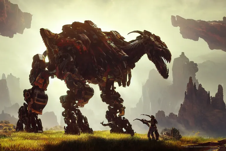 Image similar to grimhorn fanghorn machine mecha animal beast robot of horizon forbidden west horizon zero dawn bioluminiscence global illumination ray tracing hdr fanart arstation by sung choi and eric pfeiffer and gabriel garza and casper konefal