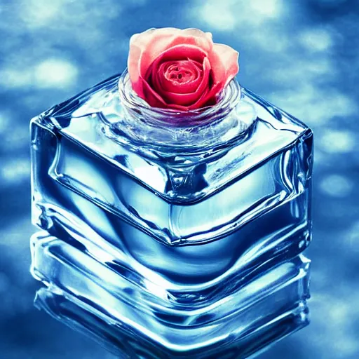 Prompt: centered clear clean perfume sitting in clear, rippling rose - water with floating strawberries on a bright sunny day, blue cloudy skies, crisp, surreal photography, illumination lighting, sharp focus, vogue