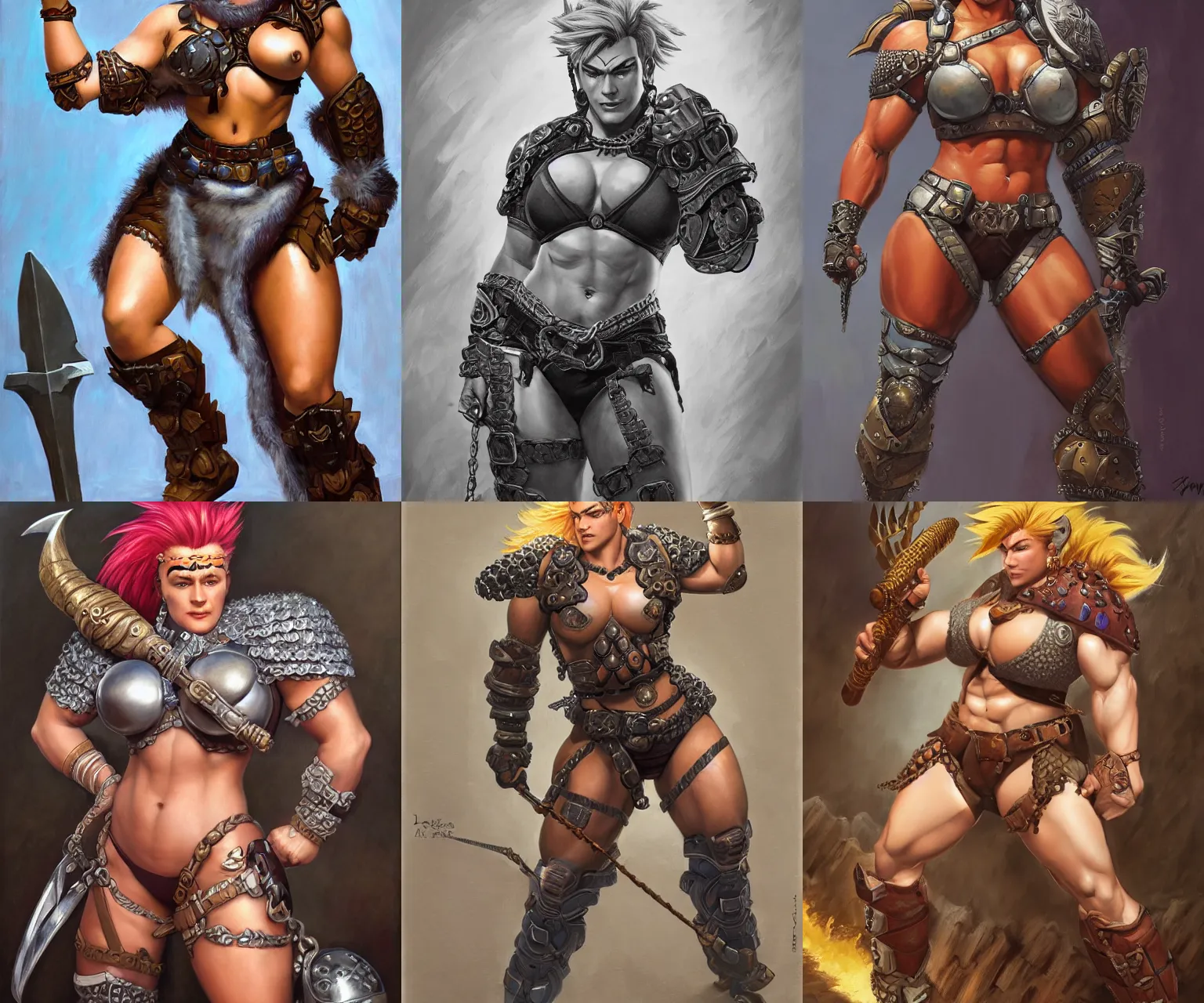 Prompt: detailed portrait of Zarya from overwatch as a powerful fantasy barbarian wearing chainmail bikini, intricate, hyper detailed, realistic, oil painting, by larry elmore, frank frazetta, cinematic lighting, strong legs