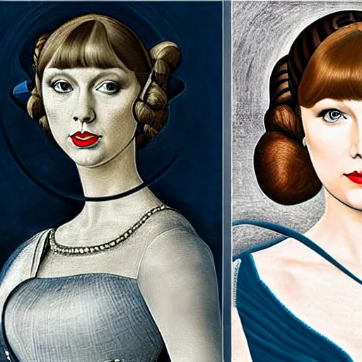 Image similar to taylor swift as princess leia, elegant portrait by sandro botticelli, detailed, symmetrical, intricate