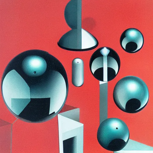 Prompt: chrome spheres on a red cube by oskar schlemmer