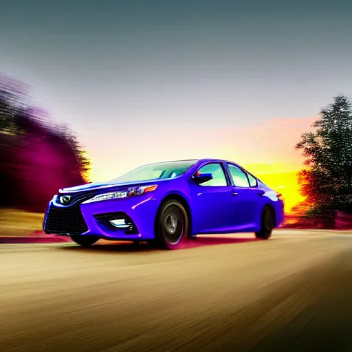 Image similar to purple tornado, blue toyota camry driving away, sunset, 4k, realism, photograph