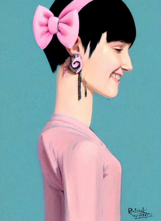 Image similar to portrait of high school girl, realistic, black hair, bangs, half updo hairstyle, pointy nose, skinny, smile, ugly, defined jawline, big chin, pink hair bow, earrings, intricate, elegant, glowing lights, highly detailed, digital painting, artstation, sharp focus, illustration, art by wlop, mars ravelo and greg rutkowski