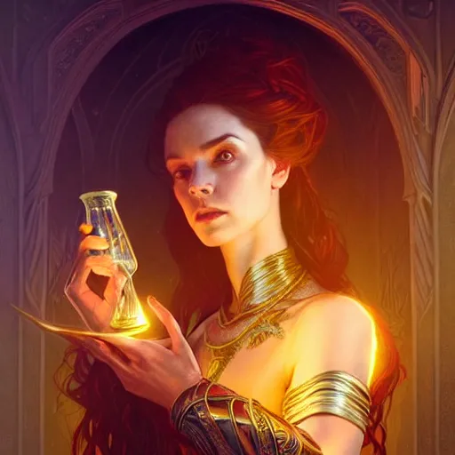 Image similar to Portrait of female sorceress with a goblet with a glowing potion in it, epic dark fantasy, medium shot, intricate, elegant, highly detailed, digital painting, artstation, concept art, smooth, sharp focus, illustration, art by artgerm and greg rutkowski and alphonse mucha