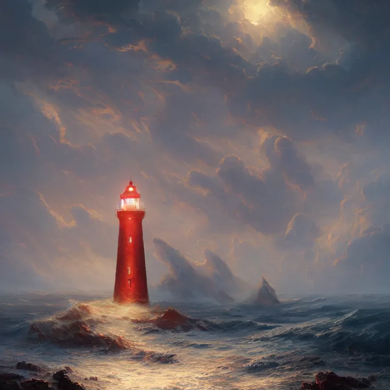 Prompt: A beautiful painting of a singular lighthouse, shining its light across a tumultuous sea of blood by Greg Rutkowski and Thomas Kinkade, trending on Artstation