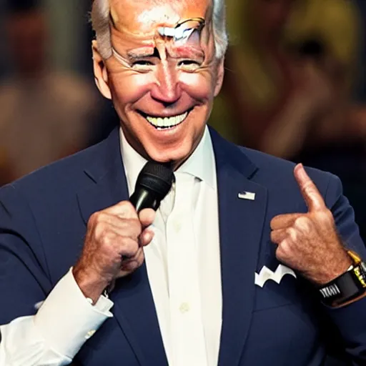 Image similar to joe biden as a gangster rap artist with face tattoos and diamond teeth