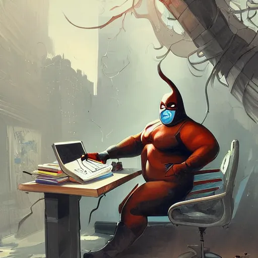 Image similar to a insanely detailed painting of a fat masked superhero wearing a costume sitting at a desk, staring at the nervously at the computer typing, in the style of peter mohrbacher, dramatic lighting and composition, trending on artstation, concept art, comic book