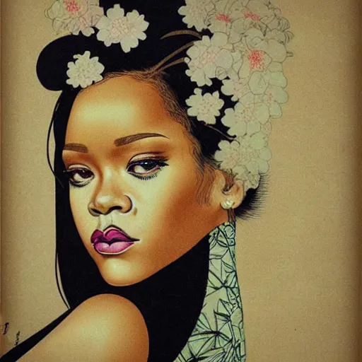 Image similar to “ rihanna portrait by ikenaga yasunari and ayana otake and ko rakusui, 6 0 s poster, drawing, realistic, sharp focus, japanese, dreamy, nostalgia, faded, golden hues, floral clothes, porcelain skin ”