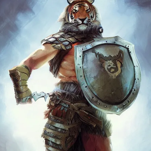 Image similar to commission portrait of a fit male anthro tiger holding a shield and wearing armour,character design by charles bowater,greg rutkowski,ross tran,hyperdetailed,hyperrealistic,4k,deviantart,artstation,professional photography,concept art