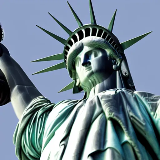 Prompt: photo of a grey steel-colored statue of liberty