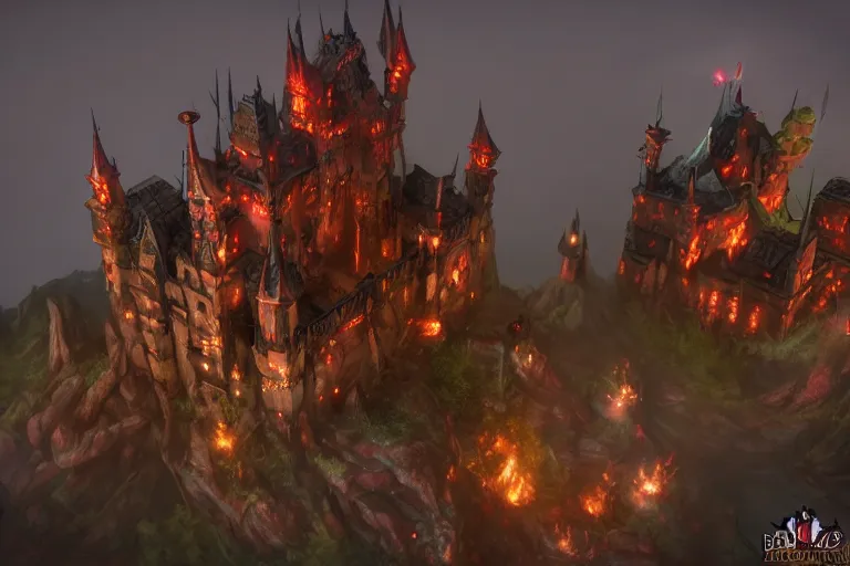 Image similar to big evil fairy castle - city rock dark shadow elves, might and magic heroes 7, dark fantasy, shadows, artstation trending, unreal engine 5, red