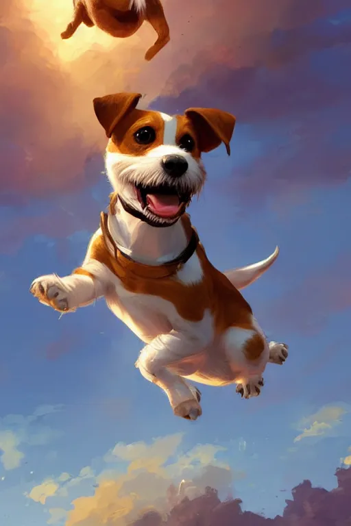 Image similar to adorable jack russel terrier jumping in the air, wide angle fantasy art, artstation character design contest winner, trending on cgsociety, concept art, speedpaint, beautiful digital art, jesper ejsing, james jean, justin gerard, fenghua zhong, makoto shinkai, highly detailed