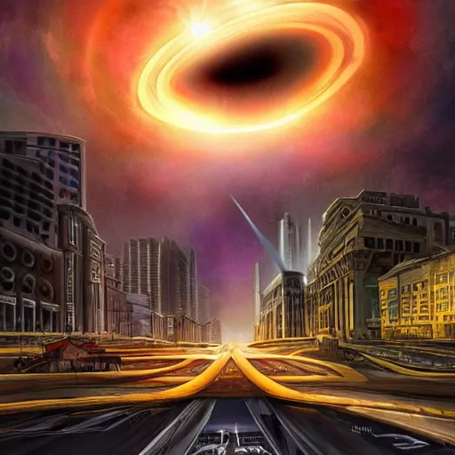 Prompt: black hole rising above city, city destroyed by shockwave, black hole with accretion disс, digital art, art by gonzalo fuenmayor, asher brown durand