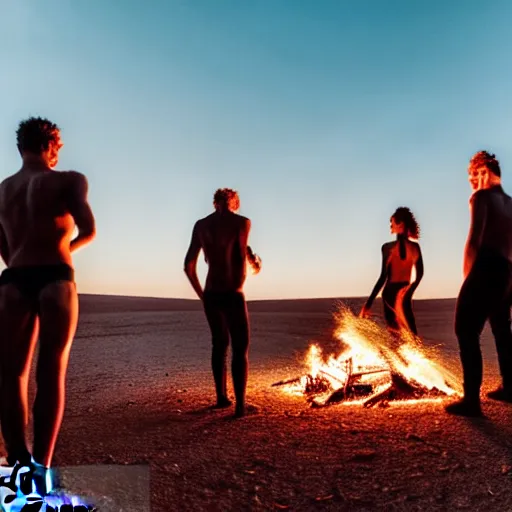 Image similar to photograph of three ravers, two men, one fully clothed woman, photographed from behind, talking around a fire, photorealistic, dancefloor kismet, diverse costumes, clean composition, desert transition area, bonfire, night, australian desert, xf iq 4, symmetry, sony a 7 r, 1 5 0 mp, 5 0 mm