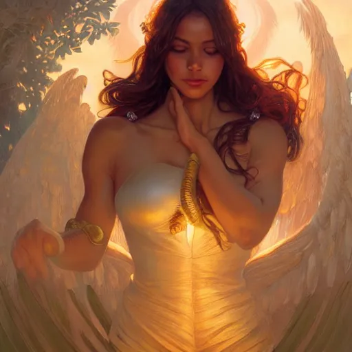 Prompt: a female angel, jungle, dramatic light, intricate, highly detailed, digital painting, artstation, concept art, smooth, sharp focus, illustration, unreal engine 5, 8 k, art by artgerm and greg rutkowski and alphonse mucha