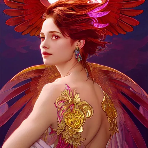 Image similar to a beautiful orchid phoenix angel woman, in an ornamented dress with large wings, rubies, volumetric light, god rays, highly detailed painting by greg rutkowski, artgerm, alphonse mucha