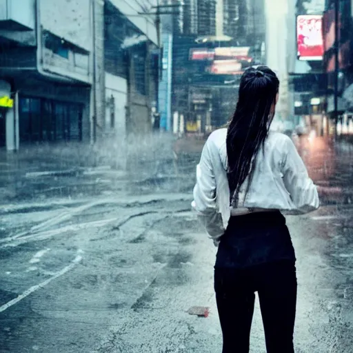 Image similar to a beautiful photo of a young woman in a white shirt in the rain outside in the street in a cyberpunk city