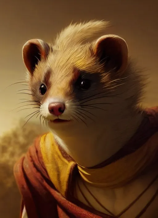 Image similar to a beautiful close - up shot from a fantasy film of an anthropomorphic ferret with bright golden eyes wearing a loose tunic. joseph ducreux, greg rutkowski.