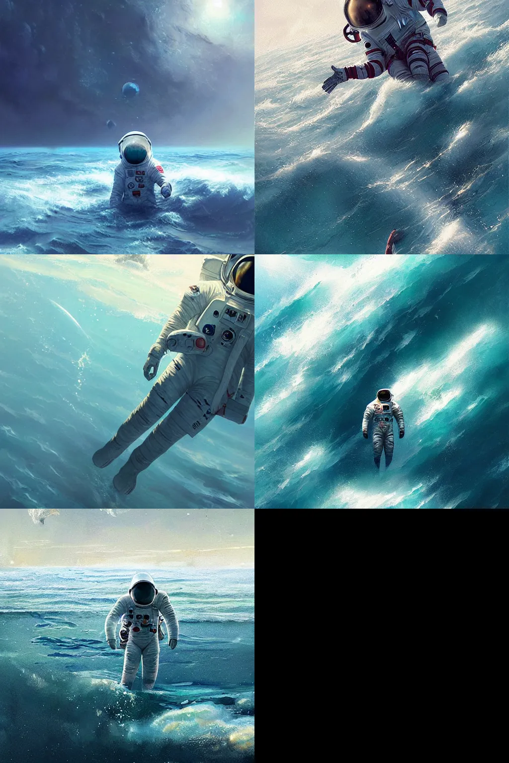 Image similar to an astronaut lost in the ocean,digital art,detailed,ultra realistic,art by greg rutkowski