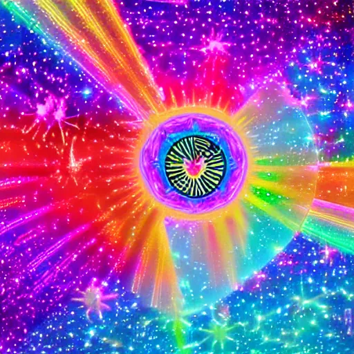 Image similar to a holographic sticker in the style of lisa frank and alex grey