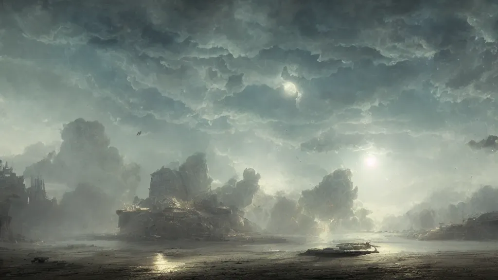 Prompt: landing in the abandoned space port, andreas achenbach, artgerm, mikko lagerstedt, zack snyder, tokujin yoshioka